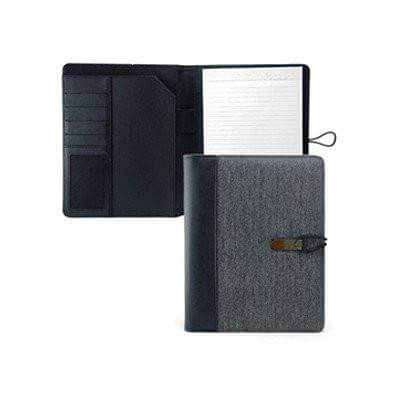 A5 conference folder shown open with card slots, document pocket and ruled pad, and closed with a grey cover and tab fastening