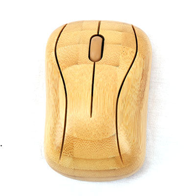 Top view of natural bamboo-finish wireless mouse with two main buttons and central scroll wheel