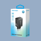 Vention 3-Port USB (C+C+A) GaN Charger 65W packaged product image displaying charger specifications.
