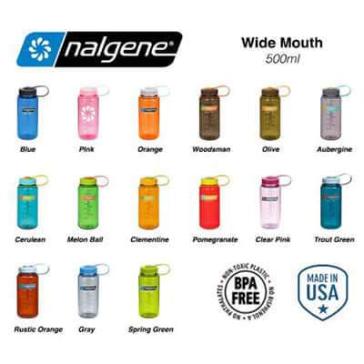 Nalgene wide-mouth 500ml catalogue colour chart with fifteen bottle and cap combinations