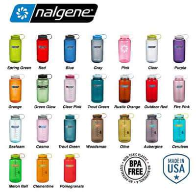 Nalgene wide-mouth bottle colour chart showing multiple bottle and cap combinations