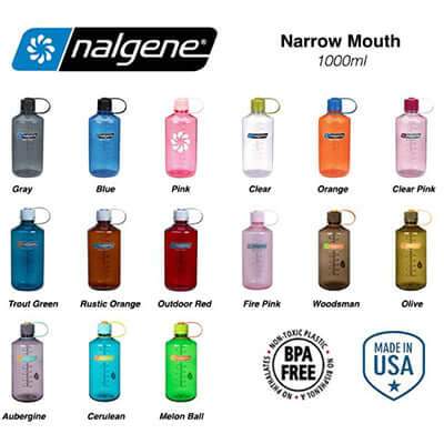 Nalgene 32oz narrow-mouth bottle historical colour chart with screw caps and retaining loops