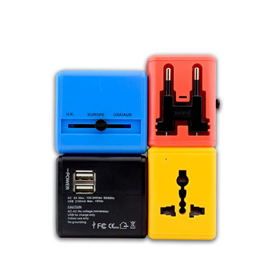 Travel adapter colour montage showing plug selector, socket and dual USB ports