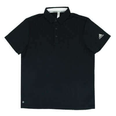 Black adidas short sleeve polo shown from the front with button placket and left sleeve logo