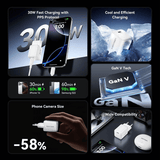 Vention 1-Port GaN Charger (30W) illustrating fast charging, GaN tech, and compatibility with devices.