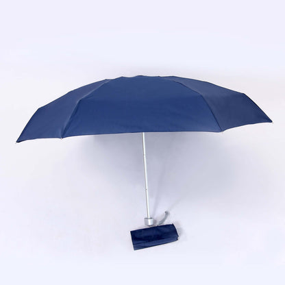 Open navy mini foldable umbrella with straight shaft, small silver-colour handle and matching sleeve beside it