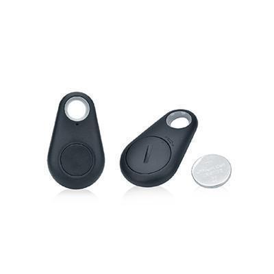 Front and rear views of the black teardrop anti-lost device beside a coin-shaped battery