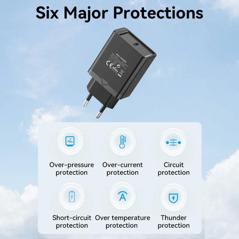 Vention 1-Port USB-C Wall Charger 30W features six major protections for safe and efficient charging.