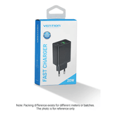 Vention 2-Port USB (A+C) Wall Charger (18W/20W) in packaging showcasing fast charging capabilities.