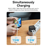 Vention 2-Port USB (C+C) GaN Charger 35W with 2 USB-C ports charging two devices simultaneously.