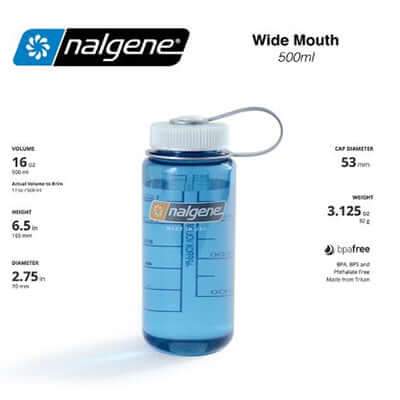 Blue Nalgene 16oz wide-mouth bottle with attached cap loop beside catalogue dimension callouts