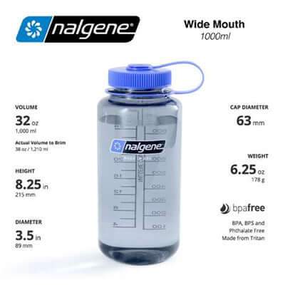 Nalgene wide-mouth bottle with blue screw cap and loop beside catalogue size and weight callouts