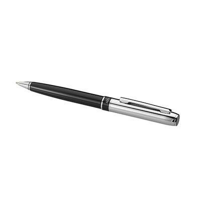 Angled view of black and silver-coloured Balmain Exclusive ballpoint pen showing the pocket clip and central trim rings