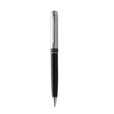 Balmain Exclusive ballpoint pen with black lower barrel, silver-coloured upper barrel, pocket clip and pointed tip