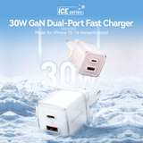Vention 2-Port USB (C + A) GaN Charger (30W/30W) in an icy background, showcasing dual-port fast charging.