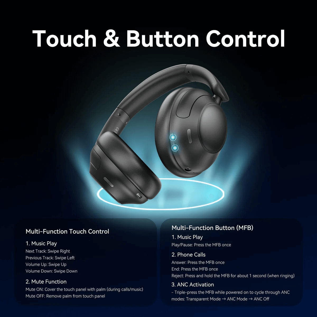 Vention Echo Clarity LH01 Wireless Headphone with touch and button controls for easy audio management.