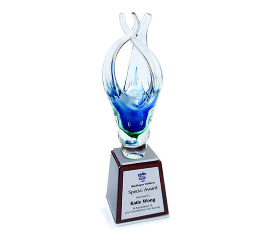 Bloom Aquatic on Oblique Wood Base Award Executive Gifts Singapore