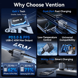 Vention 2-Port GaN Charger 45W features PD3.0, PPS, and dual-port fast charging technology.