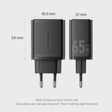 Vention 3-Port USB (C+C+A) GaN Charger 65W dimensions showing size and features.