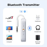 UGREEN 45812 Bluetooth 5.4 Transmitter and Receiver connected to TV, computer, earphones, headphones, and Bluetooth speaker.