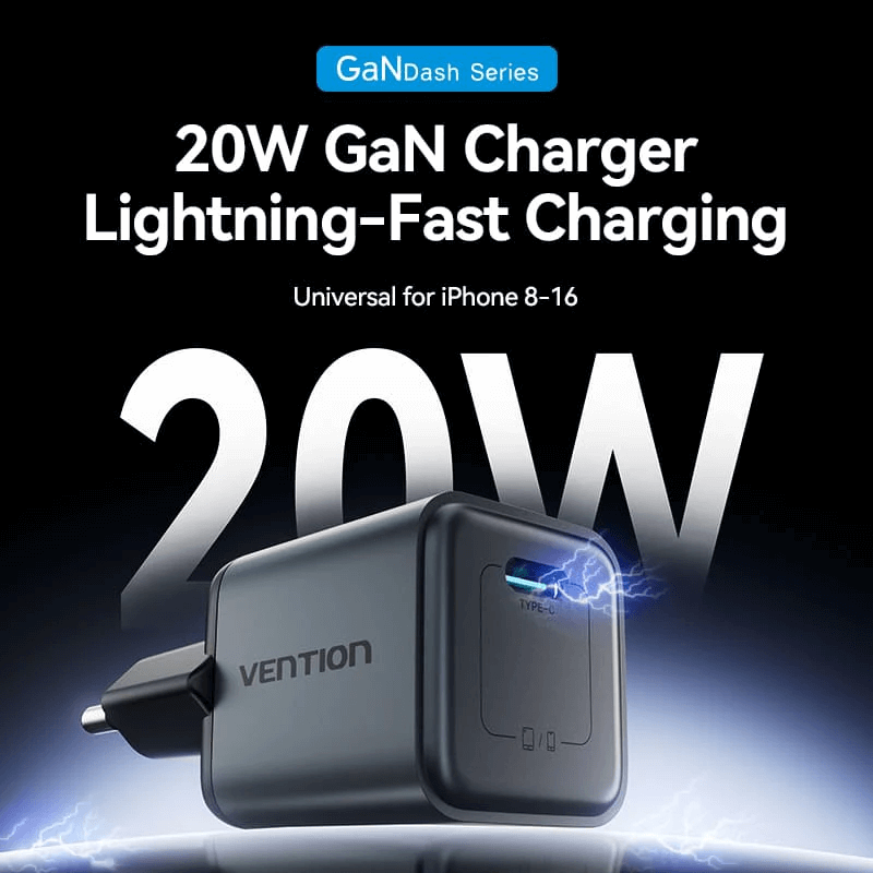 Vention 1-Port USB-C GaN Charger 20W for fast and efficient charging of devices.