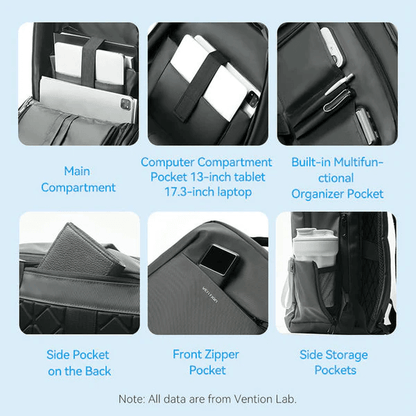 Different pockets and compartments of Vention 17.3 Inch Water-Repellent Laptop Backpack for organization.