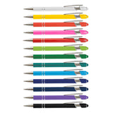 Colorful assortment of retractable pens, featuring various shades including red, blue, green, and yellow, ideal for office supplies.