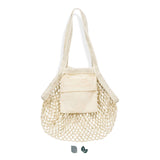 Cotton Mesh Foldaway Tote Bag - Small with compact cotton slip pocket in natural color.