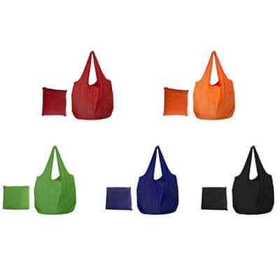 Foldable nylon totes in red, orange, green, blue and black beside matching square storage forms