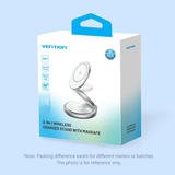 Vention 3-in-1 Round 15W Wireless Charger Stand with MagSafe packaging with sleek design features and branding.