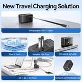 Vention 3-Port GaN Travel Adapter with Built-in Cable features including retractable cable, GaN tech, and safety fuse.