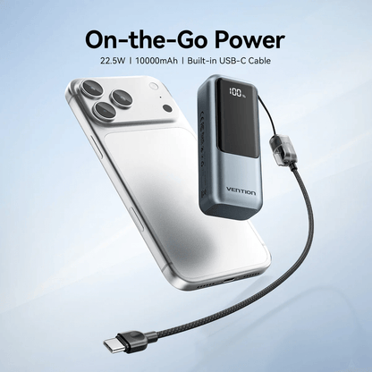 Vention Mini 10000mAh Power Bank 22.5W next to smartphone with USB-C cable for portable charging.