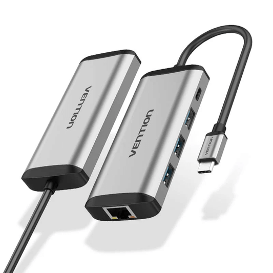 Vention 5-in-1 USB-C Hub with Gigabit Ethernet, featuring sleek aluminum design and multiple ports for connectivity.