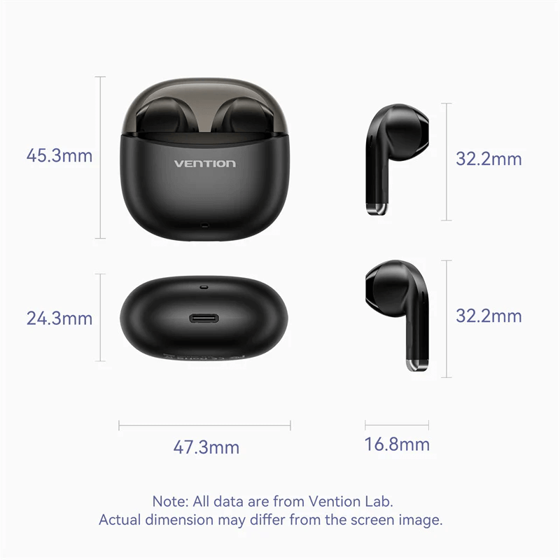 Vention True Wireless Bluetooth Earbuds Elf E07 dimensions and design specifications with sleek look and compact size.