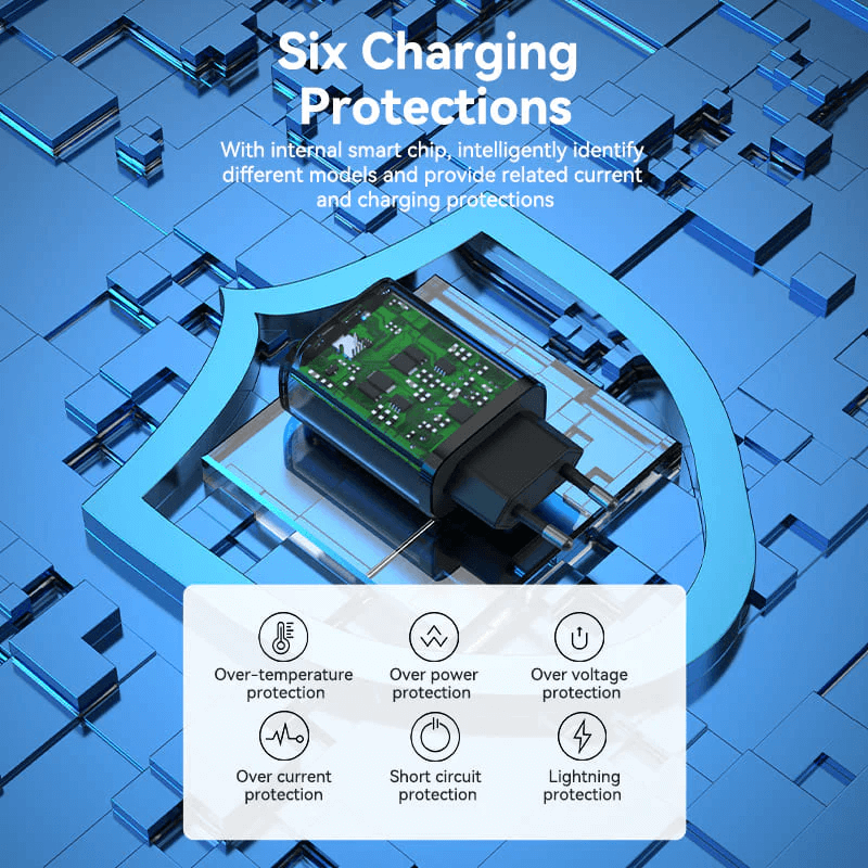 Vention 2-Port USB (A+C) Wall Charger showing six charging protections and smart chip technology.