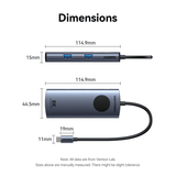 Dimensions of Vention 5-in-1 USB-C 8K Docking Station with LED Display showing port and size details.