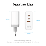 Vention 3-Port USB (C+C+A) GaN Charger 100W product size dimensions 62mm x 73.6mm x 32mm for efficient charging.