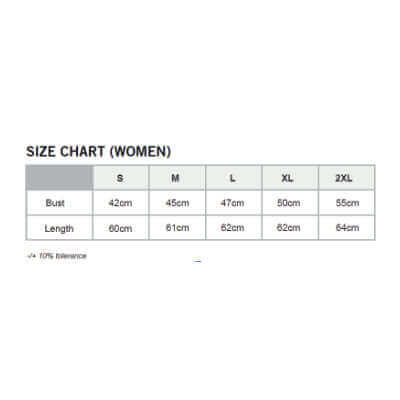 Women’s adidas SS polo size chart with bust and length measurements for S to 2XL