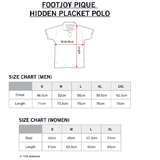 Size chart for Footjoy Pique Hidden Placket Polo featuring measurements for men and women.