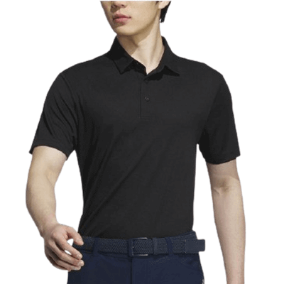 Adidas M SS Polo-T Shirt displayed on a model, showcasing a sleek black design and comfortable fit.