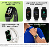 Xiaomi Smart Band 9 Active features including heart rate monitoring, sports modes, and long battery life.