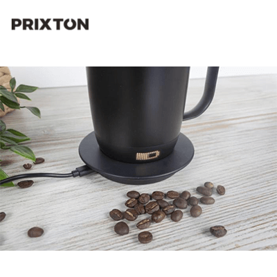 Prixton Tempo 300ml Smart Mug on charging coaster with coffee beans, ideal for corporate gift.