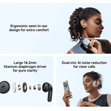 Xiaomi REDMI Buds 8 Active showcasing ergonomic design and large titanium driver for clarity.