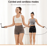 Two women using the Xiaomi Smart Jump Rope in corded and cordless modes for workouts.