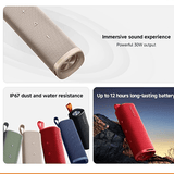 Xiaomi Sound Outdoor 30W portable speaker showcasing immersive sound, IP67 rating, and available in multiple colors.