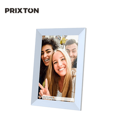 Prixton Prado 10" Frameo Wifi Digital Photo Frame displaying a cheerful group selfie with personalized message.