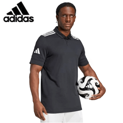 Adidas Squadra25 Cotton Polo Shirt worn by a model holding a soccer ball, showcasing sporty style and comfort.