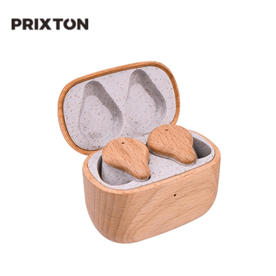 Prixton TWS163 earbuds in a wooden charging case, ideal corporate gift with superior sound quality.