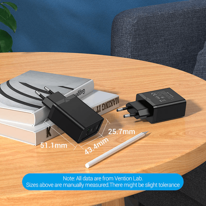 Vention 2-Port USB (A+C) Wall Charger (18W/20W) on a table with dimensions displayed.