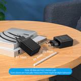 Vention 2-Port USB (A+C) Wall Charger (18W/20W) on a table with dimensions displayed.